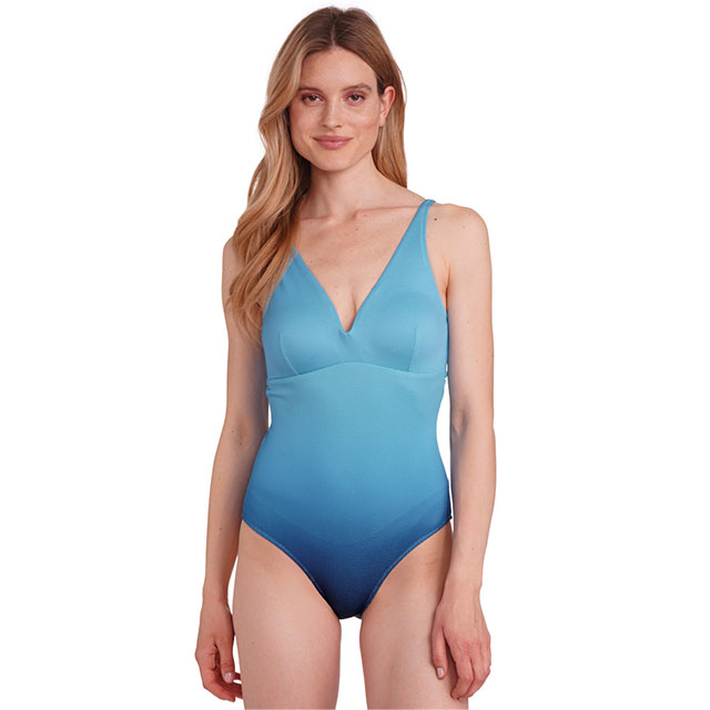 Ba&ntilde;ador de mujer de una pieza de tejido texturizado en poli&eacute;ster reciclado y estampado degradado